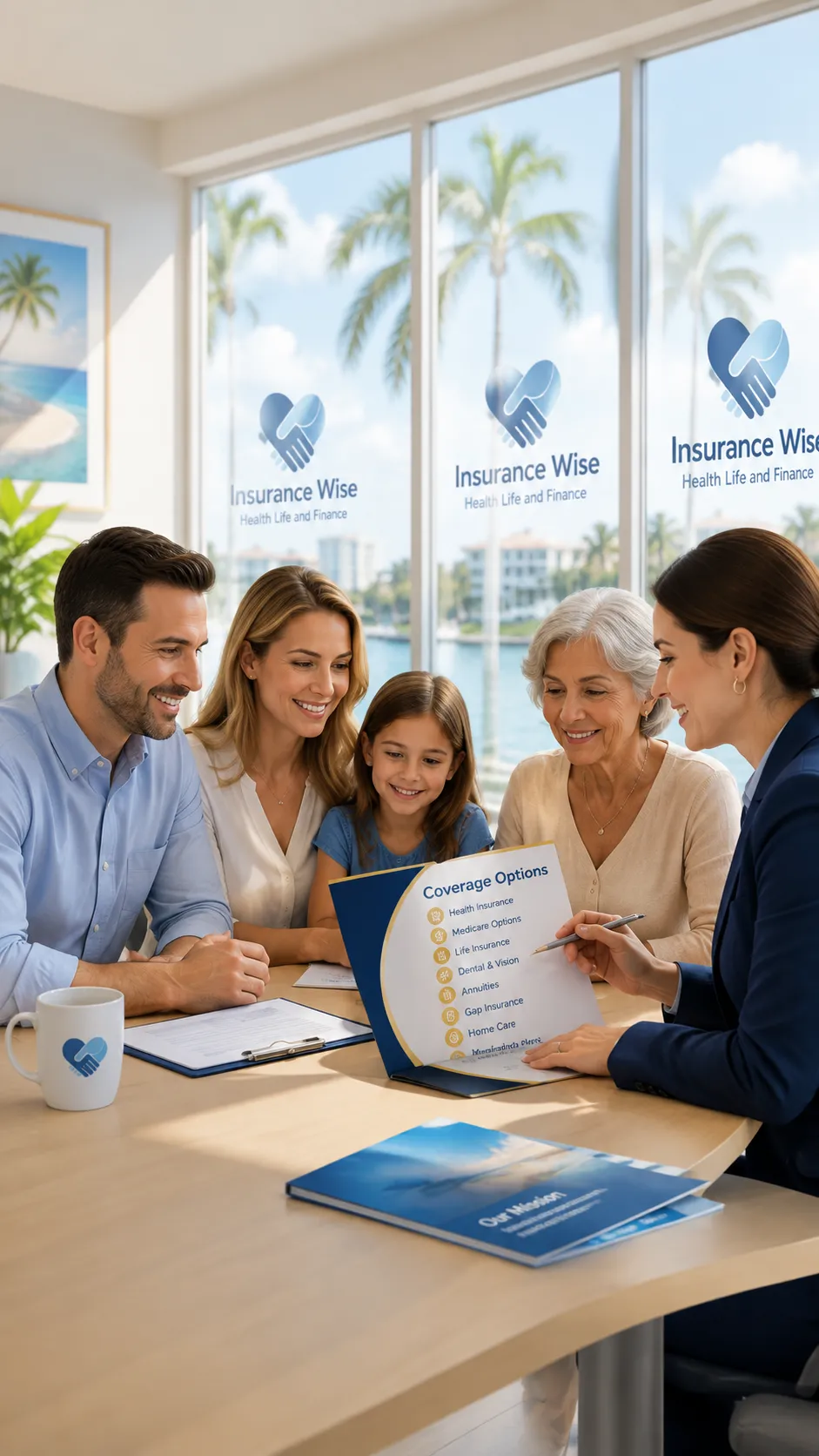 Smiling advisor with family reviewing coverage in bright office Smiling advisor with family reviewing coverage in bright office