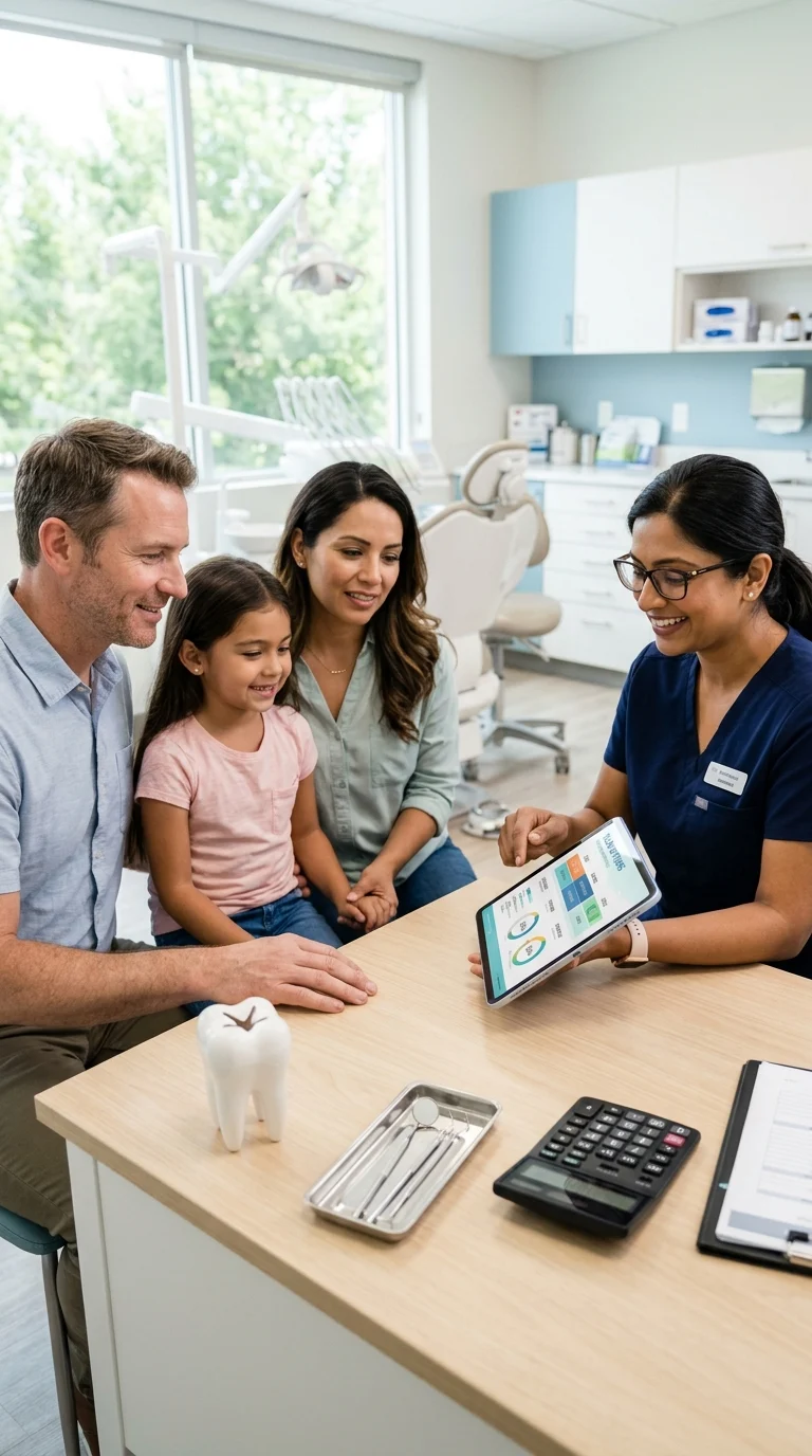 Diverse family discussing dental care with a friendly dentist