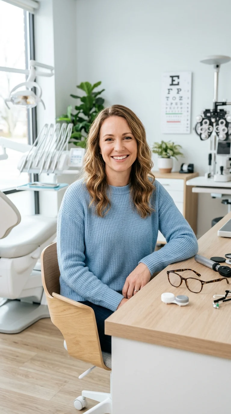 A bright, modern healthcare lifestyle scene showing a cheerful adult sitting in a clean dental and vision care setting