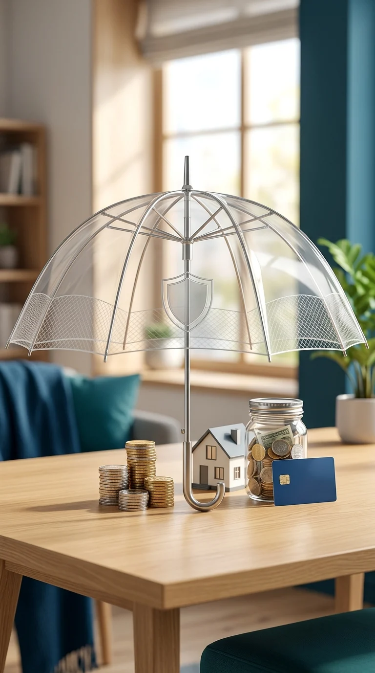 financial-safety-net-EyfK26 A polished financial security concept illustration with no people a large transparent umbrella protecting neatly