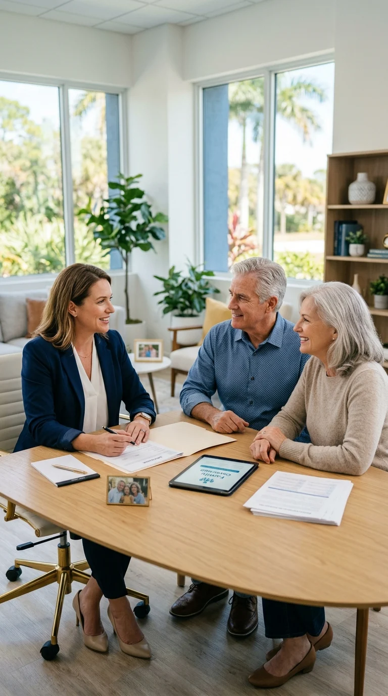 florida-insurance-advisor-mature-couple-HEBByp A clean, modern, professional website hero image for an independent Florida insurance agency, shown in a wide