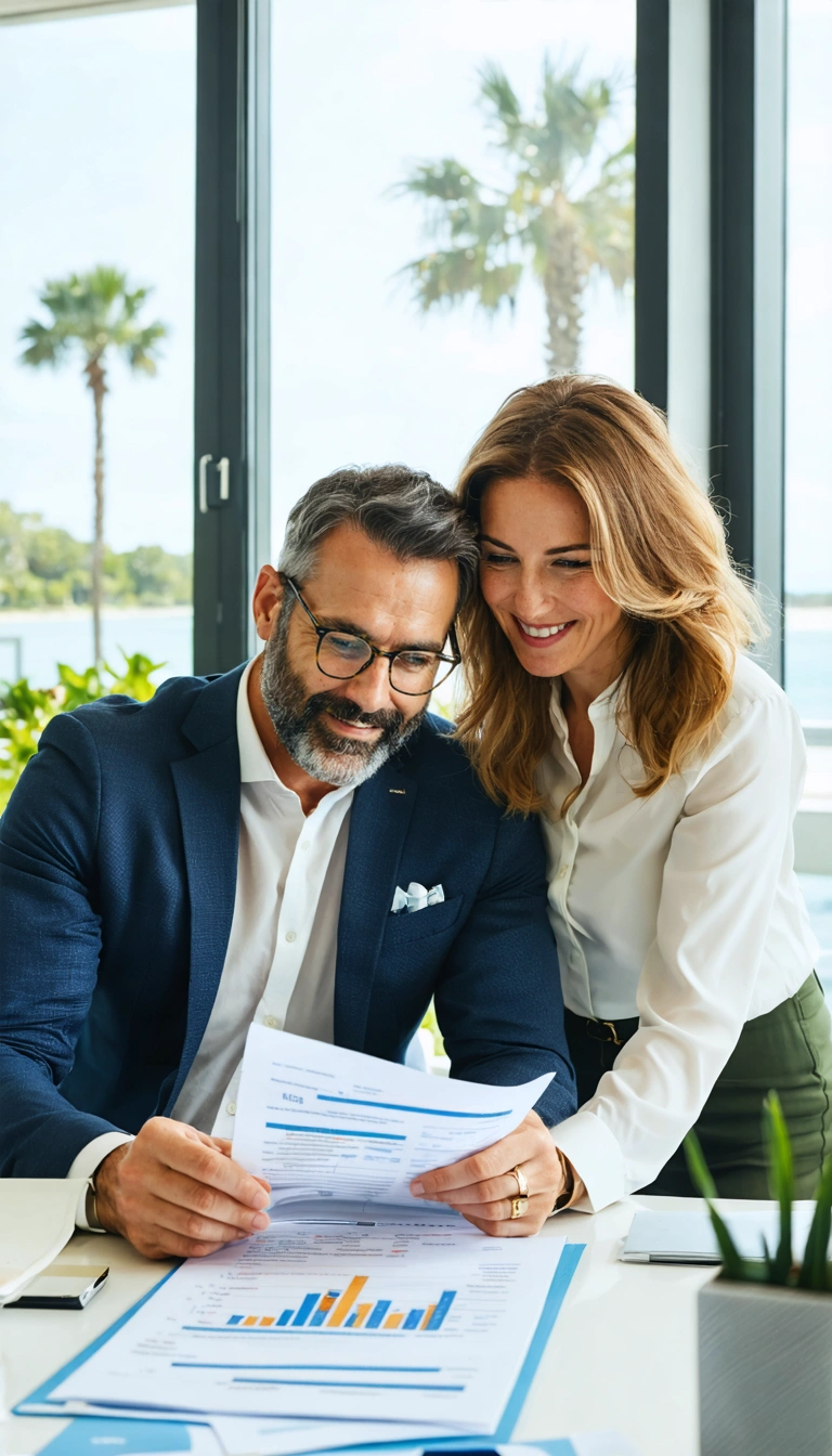 Insurance advisor explaining health plans to a relaxed couple in bright office