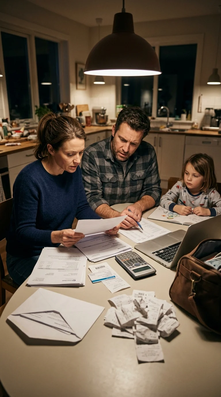 health-insurance-out-of-pocket-expenses-JRBctp A realistic, polished commercial-style photo illustration of a worried middle-class family seated at a kitchen table at