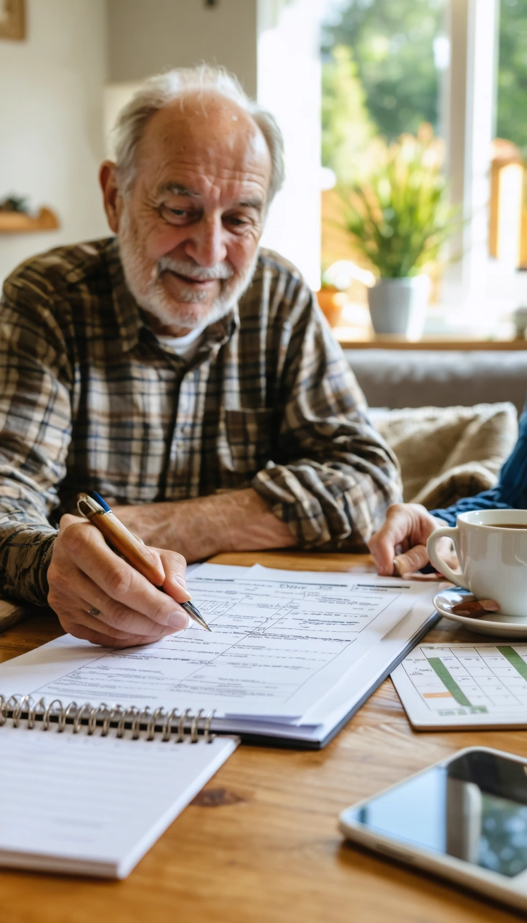 Older family members reviewing home care plans with a caregiver nearby