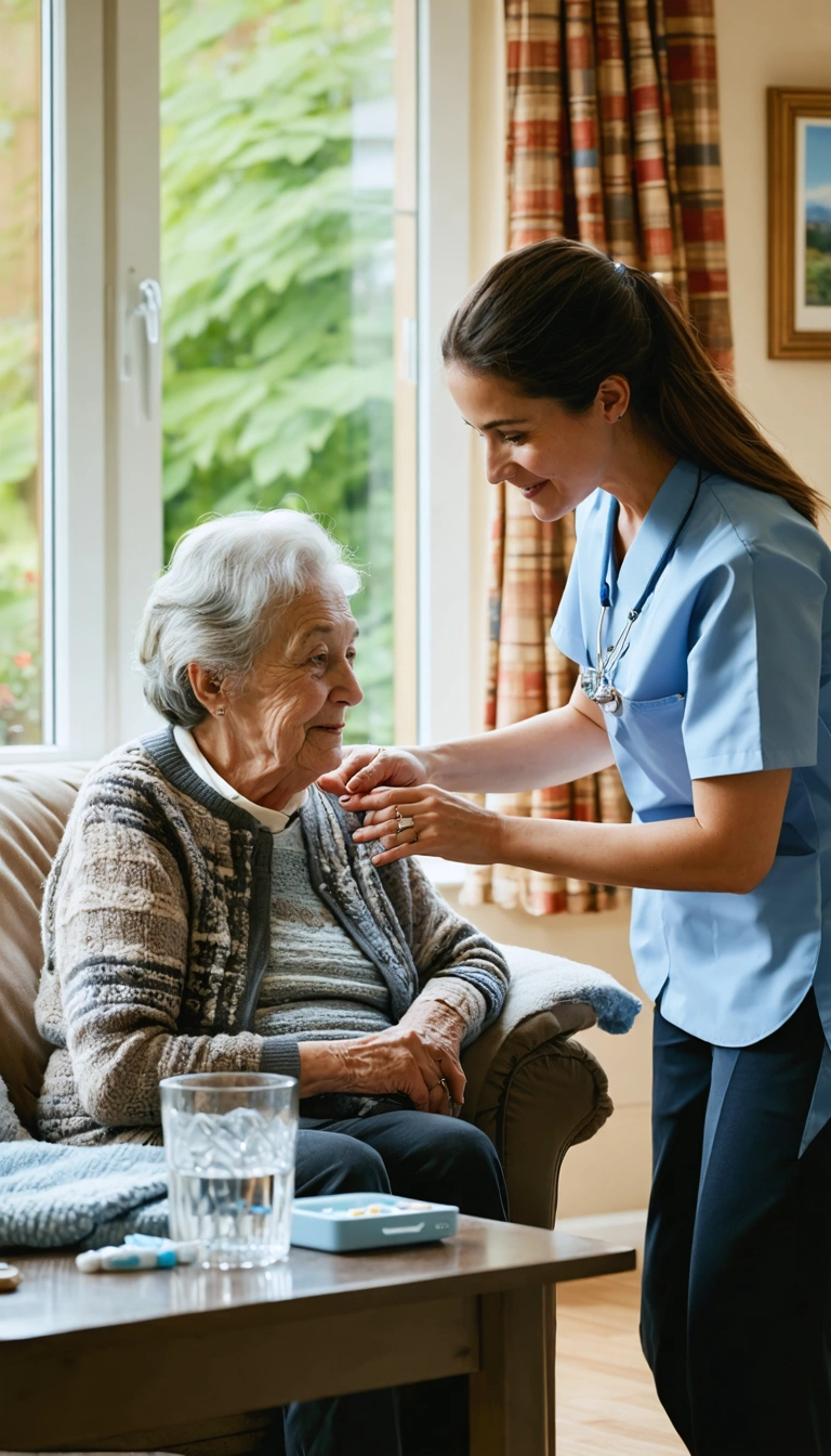 A warm, realistic indoor scene of a professional home care worker assisting an elderly woman in a comfortable private