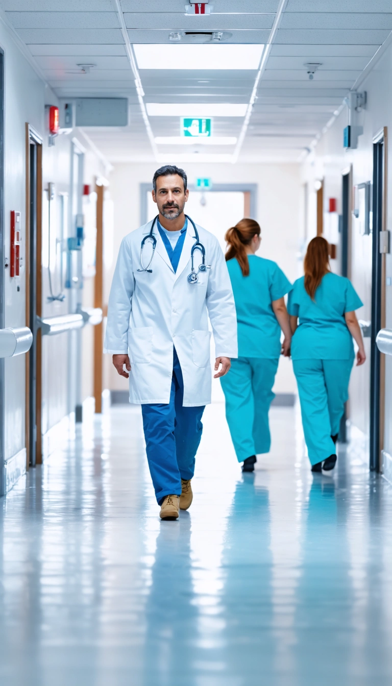 Doctor walking down a bright hospital hallway with nurses behind