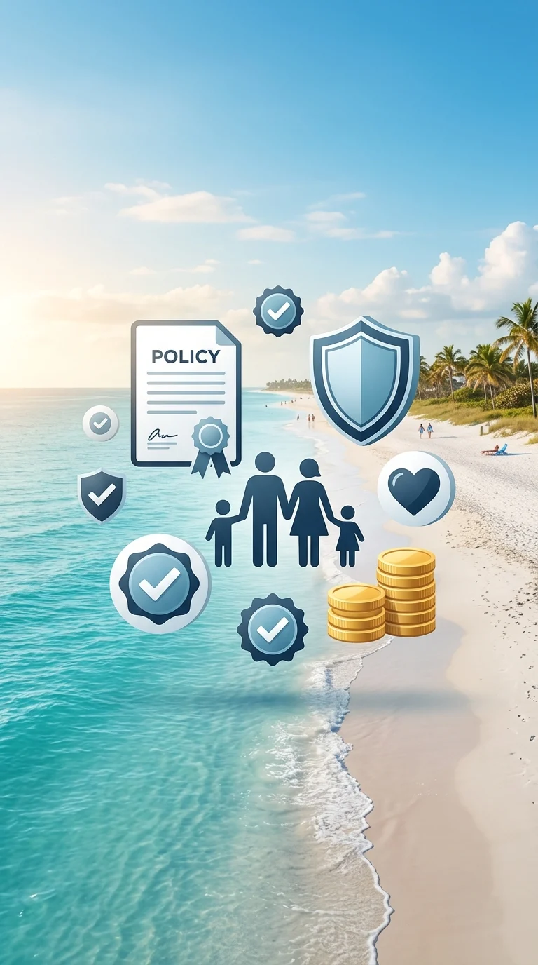 A polished editorial-style graphic illustrating life insurance options as a clean set of modern, floating financial
