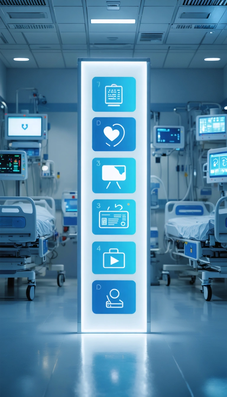 Stacked plan icons over blurred emergency room background