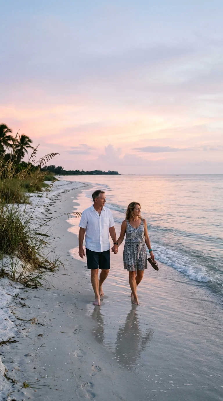 mature-couple-sunset-beach-walk-fJccg6 Couple walking hand in hand along a sunset beach