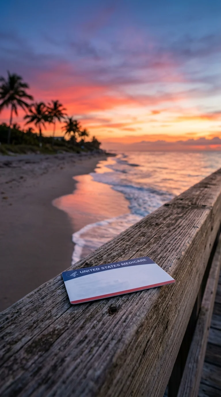 Medicare card on a beach railing at sunset