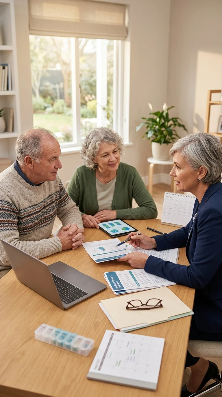 Older couple consulting insurance advisor at modern