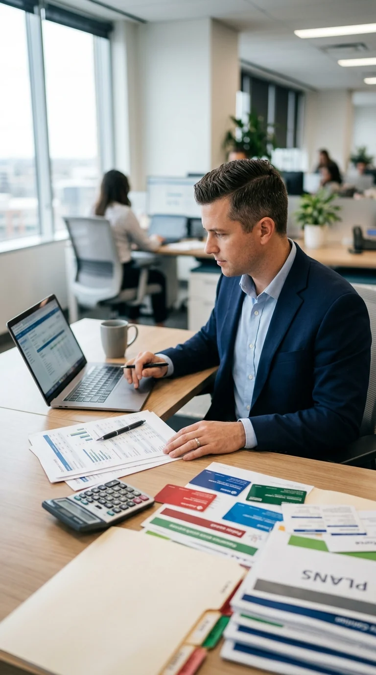 A realistic commercial office scene showing an insurance agent or benefits advisor at a modern desk reviewing a quick