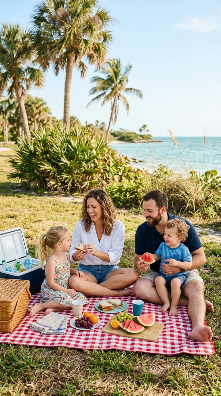 Family picnicking together in a sunny coastal park