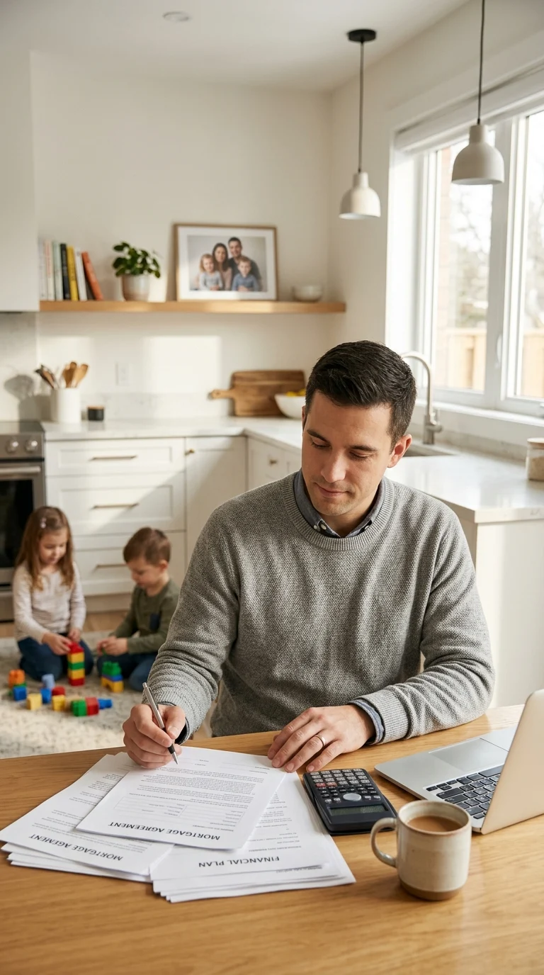 A realistic commercial lifestyle scene illustrating term life insurance as time-bound family protection a young